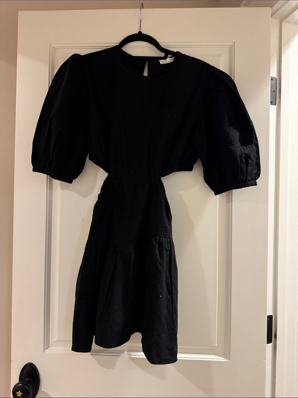 OAK + FORT Black Puff-Sleeve Cutout Mini Dress